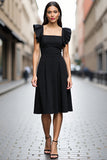 A Line Black Square Neck Satin Midi Work Dress with Ruffles
