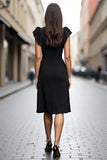 A Line Black Square Neck Satin Midi Work Dress with Ruffles