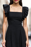 A Line Black Square Neck Satin Midi Work Dress with Ruffles