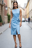 Sky Blue Bodycon Ruffled Midi Ruched Work Dress with Drape