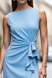 Sky Blue Bodycon Ruffled Midi Ruched Work Dress with Drape
