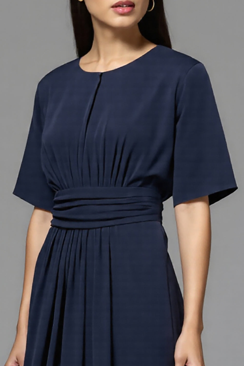 A Line Navy Ruched Round Neck Half Sleeves Long Work Dress