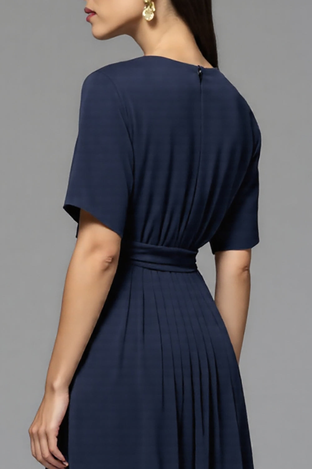 A Line Navy Ruched Round Neck Half Sleeves Long Work Dress