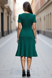 Dark Green Satin Ruched A Line Short Sleeves Ruffled Midi Work Dress