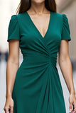 Dark Green Satin Ruched A Line Short Sleeves Ruffled Midi Work Dress