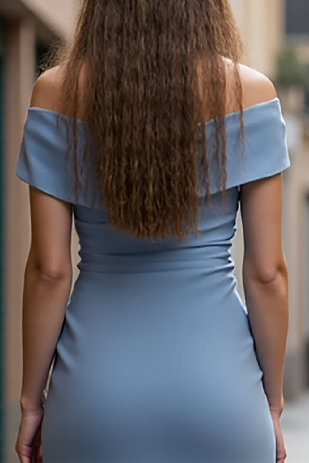 A Line Grey Blue Ruched Off the Shoulder Midi Work Dress with Ruffles