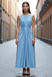 Sky Blue Satin Ruched A Line Round Neck Long Work Dress