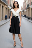 Ivory and Black Midi A Line Satin V-Neck Work Dress with Belt