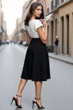 Ivory and Black Midi A Line Satin V-Neck Work Dress with Belt