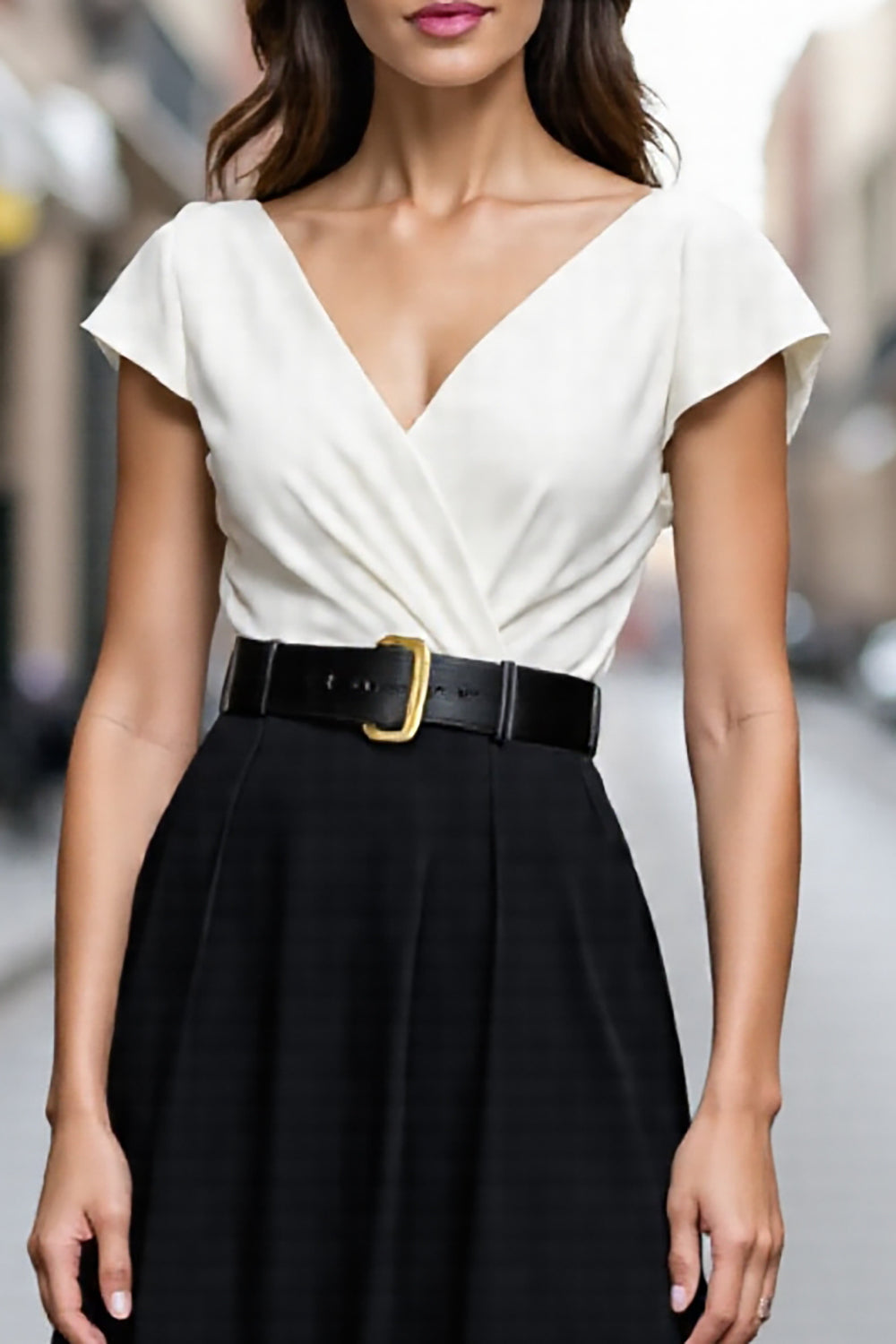 Ivory and Black Midi A Line Satin V-Neck Work Dress with Belt