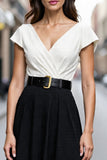 Ivory and Black Midi A Line Satin V-Neck Work Dress with Belt