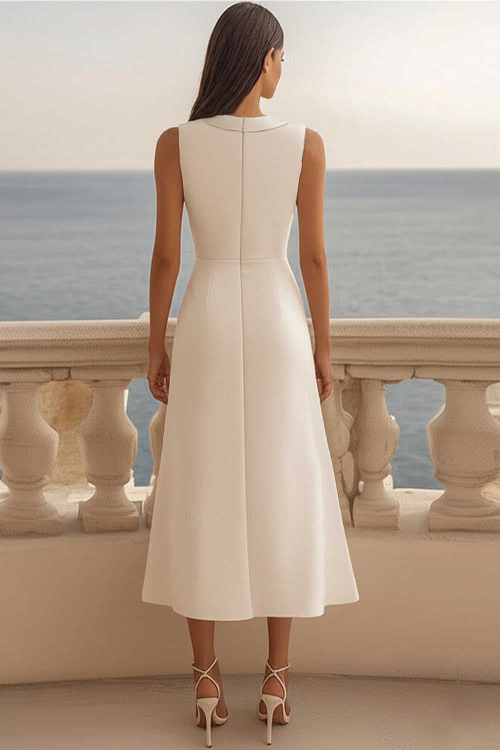 Ivory Satin Shawl Lapel Sheath Long Work Dress with Slit