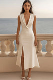 Ivory Satin Shawl Lapel Sheath Long Work Dress with Slit
