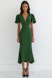 Green V-Neck Sheath Long Formal Dress with Ruffles
