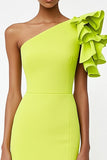 Lemon Yellow One Shoulder Ruffled Satin Asymmetrical Formal Dress