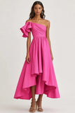 Fuchsia A Line One Shoulder High-Low Formal Dress with Ruffles