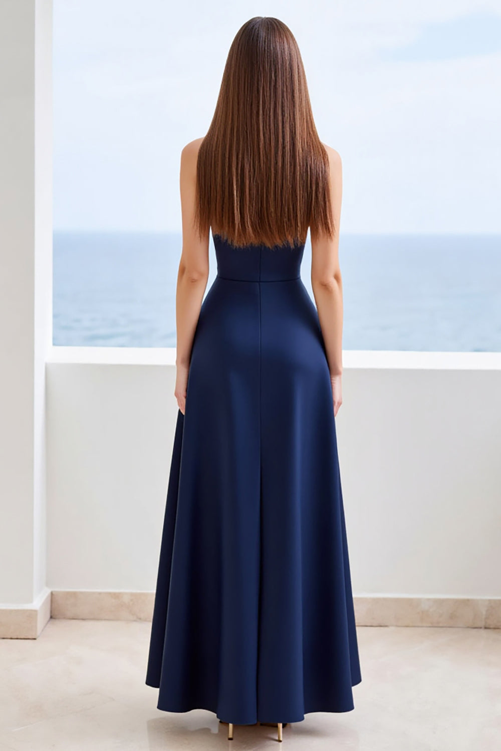 Navy Sweetheart Satin A Line Long Formal Dress with Slit