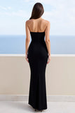 Black Satin Mermaid Strapless Long Formal Dress with Slit
