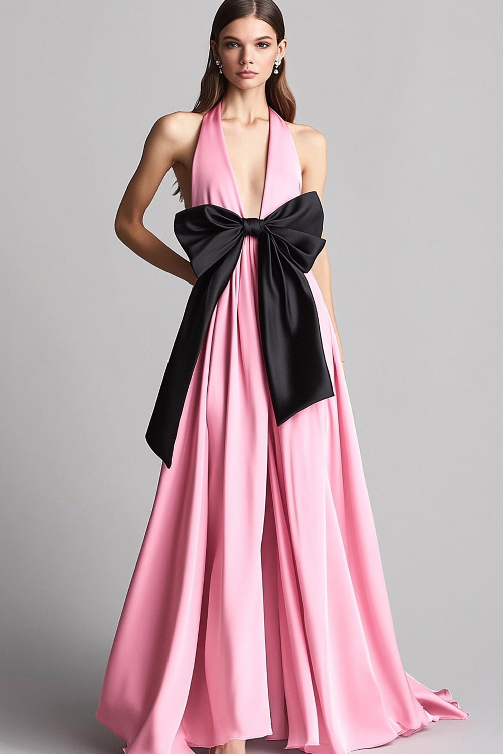 Pink Satin Halter A Line Long Formal Dress with Bow
