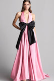 Pink Satin Halter A Line Long Formal Dress with Bow