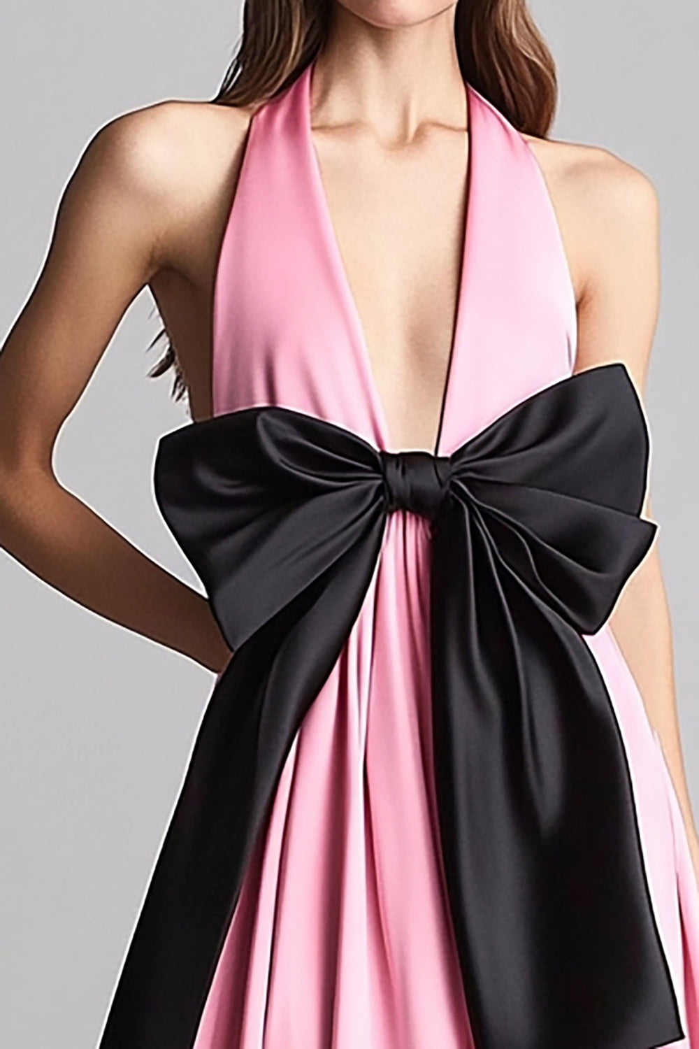 Pink Satin Halter A Line Long Formal Dress with Bow