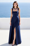 Navy Satin Square Neck A Line Long Formal Dress with Slit