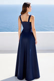 Navy Satin Square Neck A Line Long Formal Dress with Slit