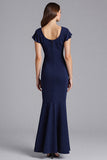 Navy Mermaid Cap Sleeves Ruffled Long Formal Dress