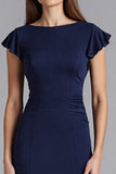 Navy Mermaid Cap Sleeves Ruffled Long Formal Dress