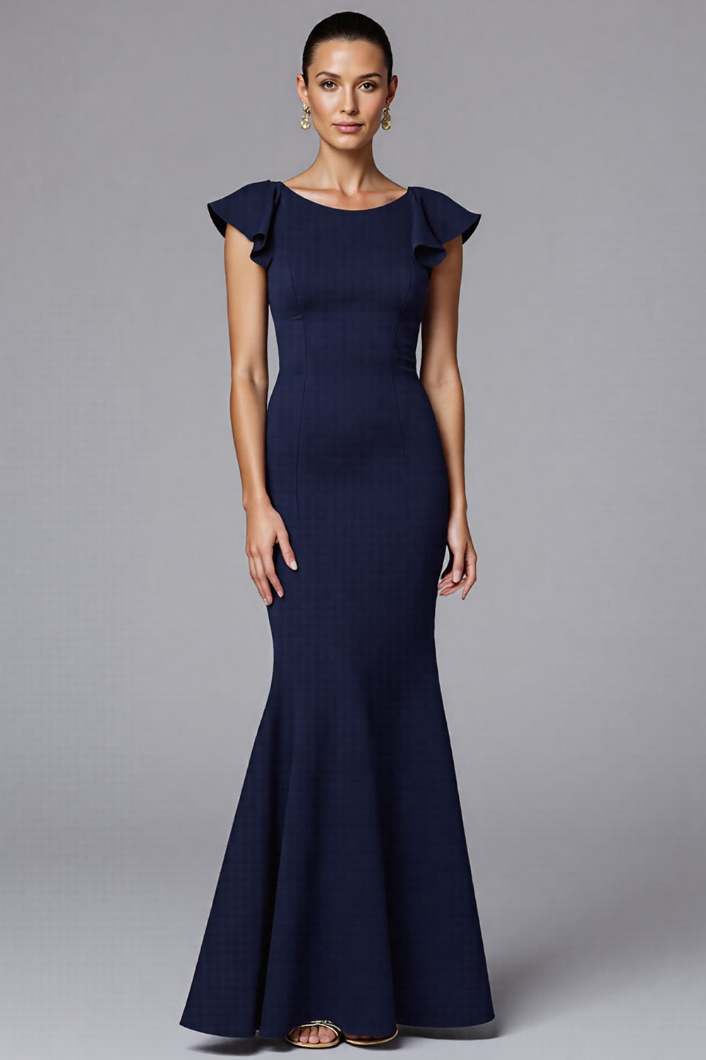 Navy Mermaid Satin Long Formal Dress with Ruffles