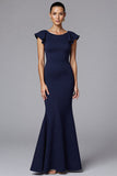 Navy Mermaid Satin Long Formal Dress with Ruffles