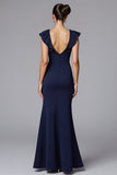 Navy Mermaid Satin Long Formal Dress with Ruffles
