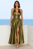 Olive Satin Deep V-Neck A Line Long Formal Dress with Slit