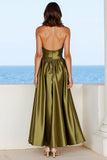 Olive Satin Deep V-Neck A Line Long Formal Dress with Slit