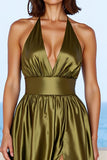 Olive Satin Deep V-Neck A Line Long Formal Dress with Slit