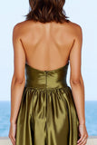 Olive Satin Deep V-Neck A Line Long Formal Dress with Slit