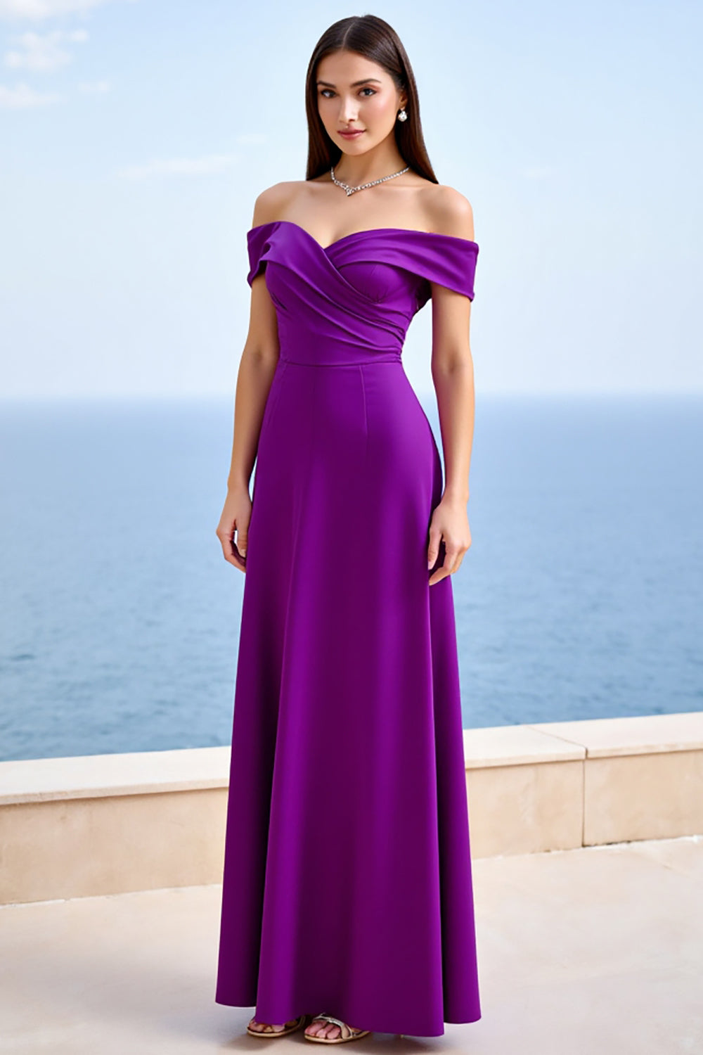 Plum Sheath Satin Off The Shoulder Long Formal Dress