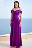 Plum Sheath Satin Off The Shoulder Long Formal Dress