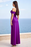 Plum Sheath Satin Off The Shoulder Long Formal Dress
