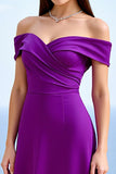 Plum Sheath Satin Off The Shoulder Long Formal Dress