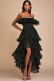 Dark Green Strapless Tiered Long Formal Dress with Ruffles