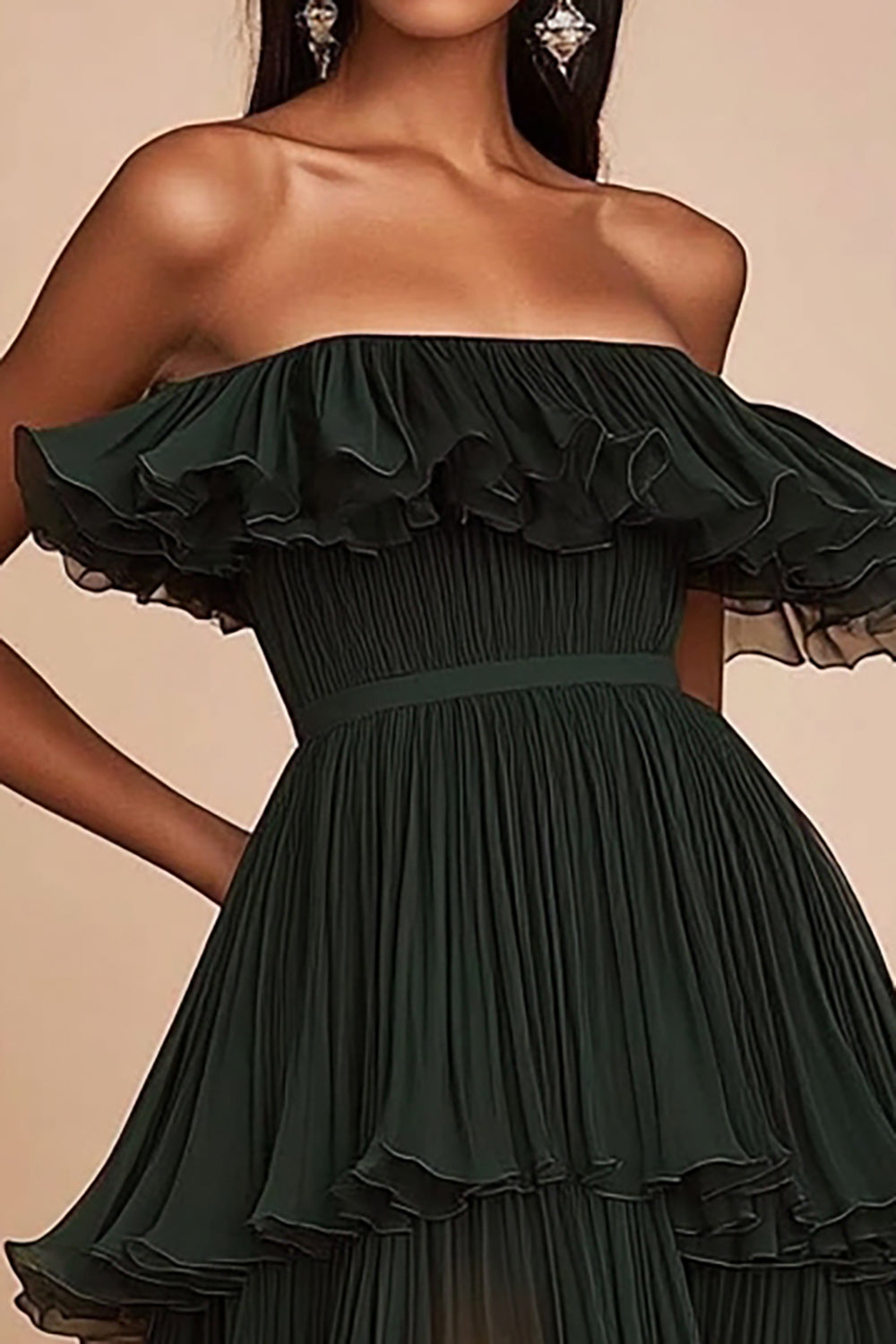 Dark Green Strapless Tiered Long Formal Dress with Ruffles