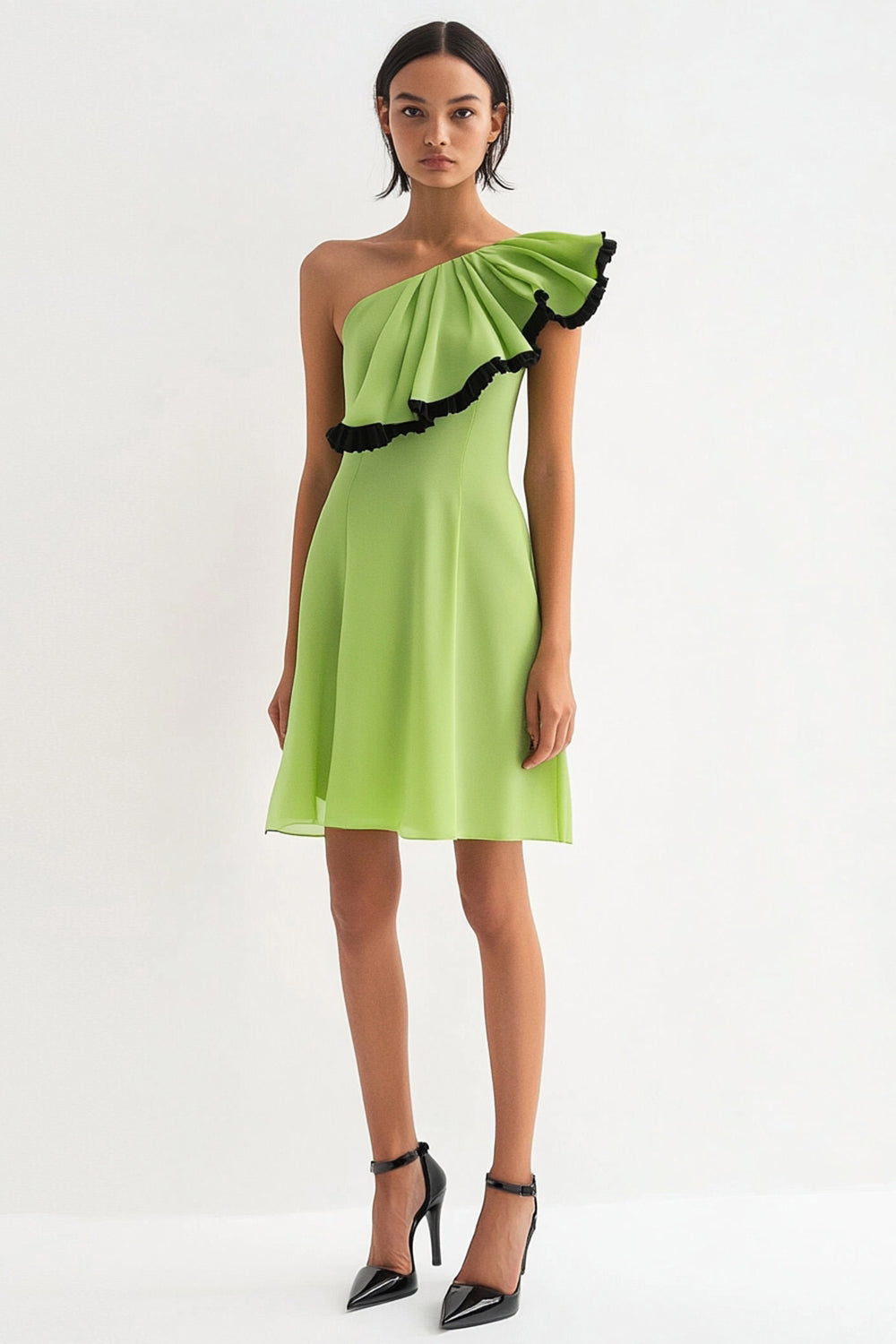 Lemon Green A Line One Shoulder Chiffon Ruffled Short Formal Dress