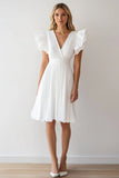 Ivory Chiffon Ruffled A Line Pleated Short Formal Dress