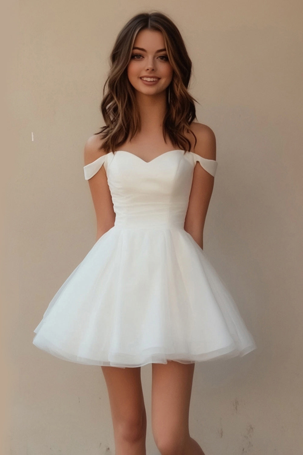 White Off The Shoulder Tulle A Line Short Graduation Dress