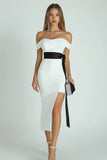 White and Black Satin Bodycon Midi Formal Dress with Slit