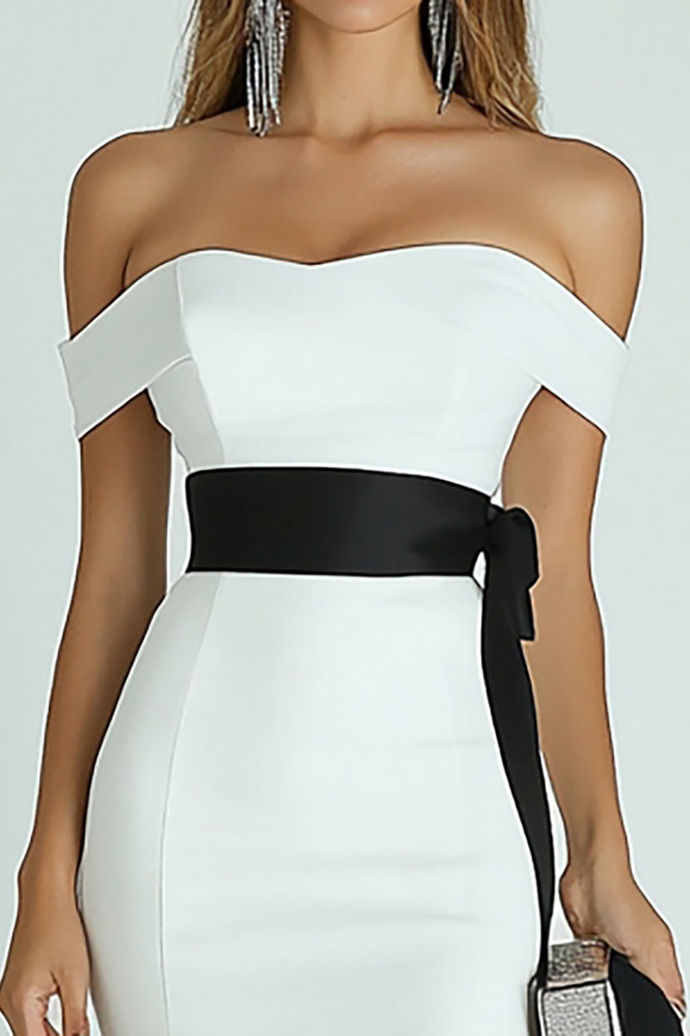 White and Black Satin Bodycon Midi Formal Dress with Slit