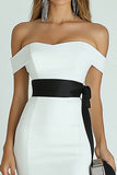 White and Black Satin Bodycon Midi Formal Dress with Slit