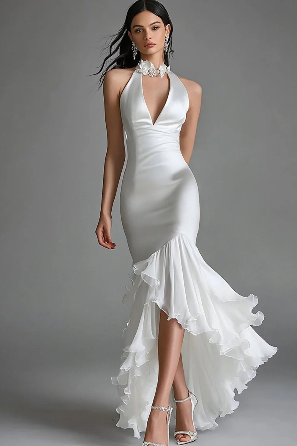 White Satin High Neck Mermaid High-Low Formal Dress with Ruffles