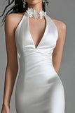 White Satin High Neck Mermaid High-Low Formal Dress with Ruffles